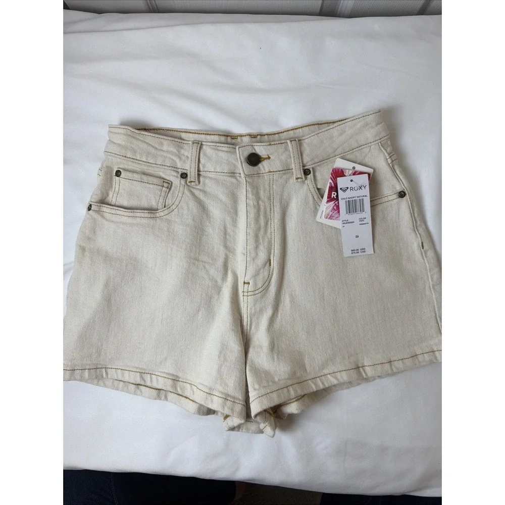 Roxy Authentic Mid Rise Denim Beach Fit Shorts Off White Beige Size‎ 29 NWT